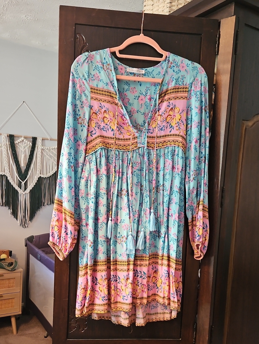 Bohemian Floral Tassel Mini Dress - Aqua & Pink